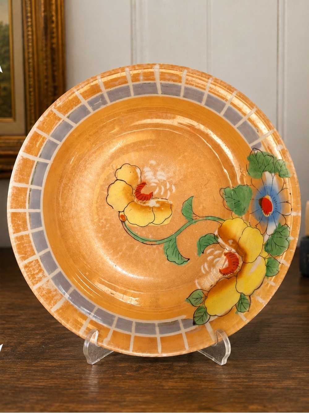 Vintage Japan Lusterware Floral Plate 8” Hand Painted Art Deco Orange - Picture 6 of 6